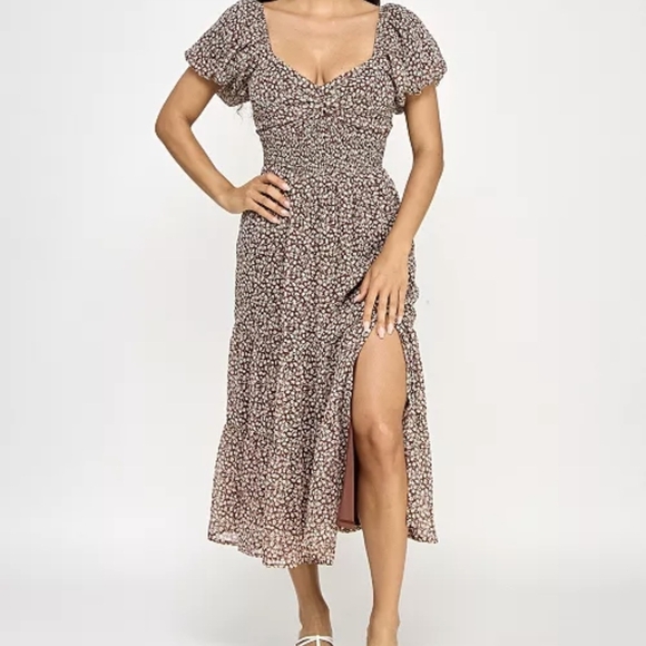 Dresses & Skirts - Floral Sweetheart Puff-Sleeve Midi Dress